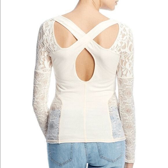 Free People Sweet Thang Cross Back Lace Panel Long Sleeve Size Medium - Picture 3 of 10